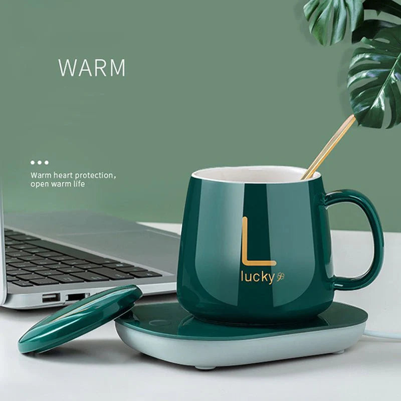 Coffee Mug-Warmer, Electric Coffee Cup Warmer for Desk, Automatic On/Off To Keep Temperature Up To 131℉/ 55℃, Include Ceramic Mug, Cover, Spoon