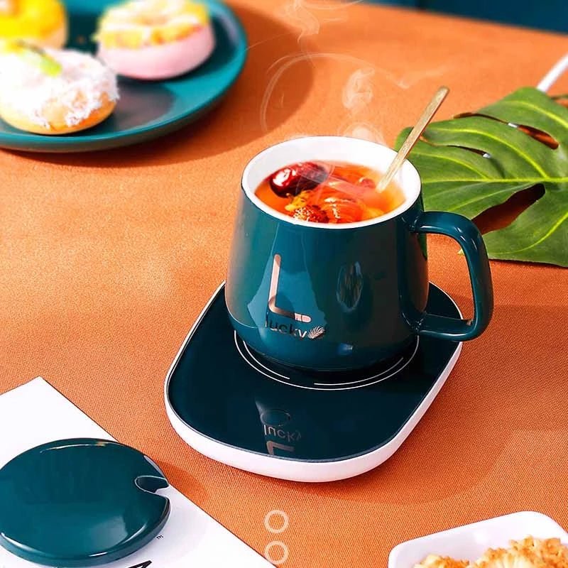 Coffee Mug-Warmer, Electric Coffee Cup Warmer for Desk, Automatic On/Off To Keep Temperature Up To 131℉/ 55℃, Include Ceramic Mug, Cover, Spoon